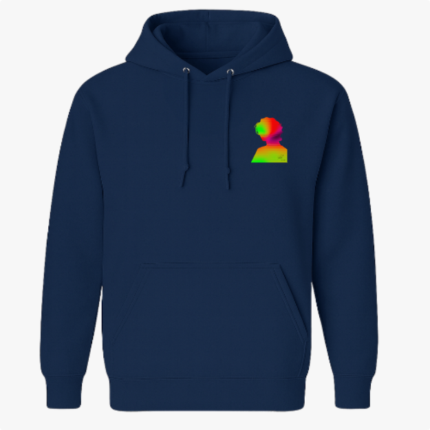 Moletom com estampa frontal de busto em perfil com efeito de distorção colorida e estampa traseira de silhueta sobre fundo multicolorido com linhas horizontais.