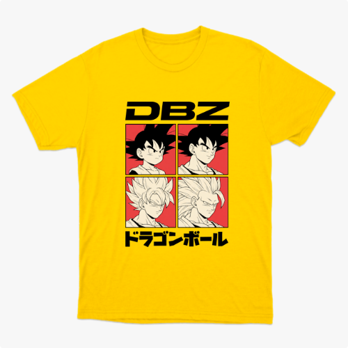 Camiseta com estampa frontal de quatro quadrados ilustrando personagens de cabelo arrepiado, acompanhados pelas letras "DBZ" acima e texto em japonês abaixo.