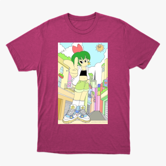 Camiseta com estampa frontal de personagem de cabelo verde e roupa casual em uma rua colorida, com sol sorridente no céu e detalhes urbanos vibrantes.