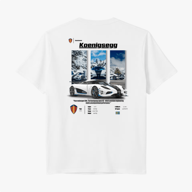 Camiseta com estampa traseira de carro esportivo em três ângulos, marca "Koenigsegg", texto informativo e logotipos na parte inferior.