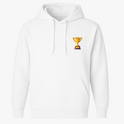 Moletom com estampa frontal de troféu dourado pequeno e estampa traseira de grande troféu dourado com texto em destaque abaixo da imagem.