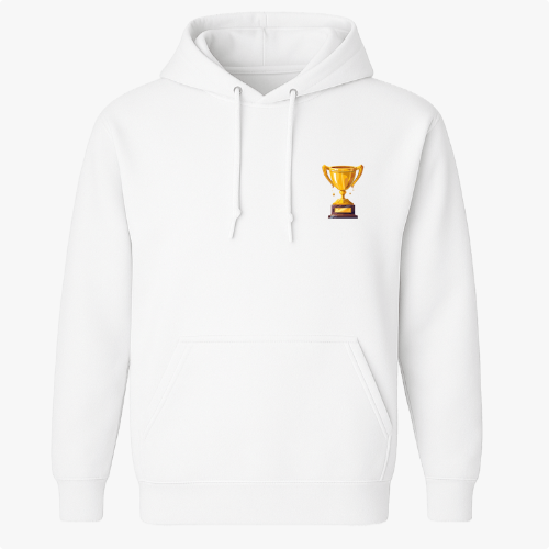 Moletom com estampa frontal de troféu dourado pequeno e estampa traseira de grande troféu dourado com texto em destaque abaixo da imagem.