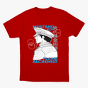 Camiseta com estampa frontal de personagem estilo mangá em perfil, com chapéu militar, acompanhada de textos como "Mustang Roy" e "Flame Alchemist".