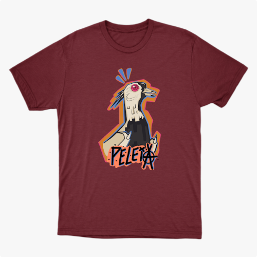 Camiseta com estampa frontal de uma ilustração estilizada de galo com olhos vermelhos e traços gráficos ousados, acompanhada da palavra "PELEJA".