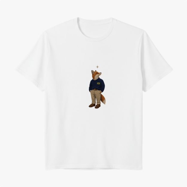 Camiseta com estampa frontal de uma raposa vestida em roupas casuais, olhando para cima com uma pequena estrela brilhando acima de sua cabeça.