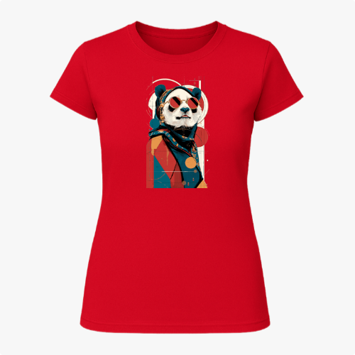 Camiseta com estampa frontal de panda estilizado usando óculos escuros, lenço e traje moderno, inserido em um design geométrico abstrato.