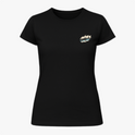 Camiseta com estampa frontal de desenho em estilo gráfico e estampa traseira de motor estilizado com frases "Quit Your Job" e "Let's Ride" em destaque.