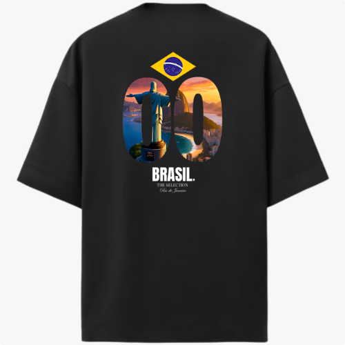 Moletom com estampa traseira de Cristo Redentor dentro de números, bandeira do Brasil acima e texto 'Brasil The Selection'.