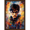 Quadro com estampa de ilustração vibrante de um jovem de óculos em meio a um fundo abstrato com traços energéticos e cores intensas.