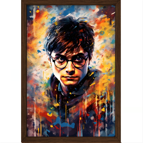 Quadro com estampa de ilustração vibrante de um jovem de óculos em meio a um fundo abstrato com traços energéticos e cores intensas.