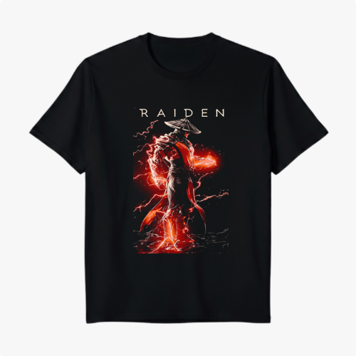 Camiseta com estampa frontal de um guerreiro em pose poderosa rodeado por raios e energia luminosa, com o nome "RAIDEN" acima da imagem.