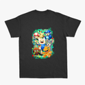 Camiseta com estampa frontal de uma inicial estilizada e estampa traseira com vários personagens icônicos de jogos e animações em um agrupamento vibrante.