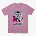 Camiseta com estampa frontal de personagem estilo mangá, com destaque para o olhar intenso acima de várias poses e figuras em ação, acompanhada por texto estilizado.