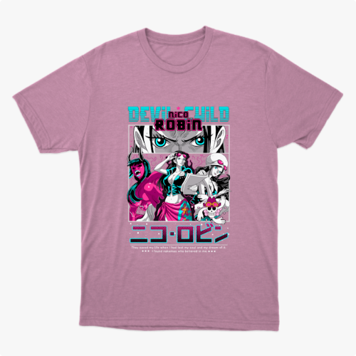 Camiseta com estampa frontal de personagem estilo mangá, com destaque para o olhar intenso acima de várias poses e figuras em ação, acompanhada por texto estilizado.