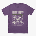 Camiseta com estampa frontal de quadrinhos ilustrados em cenas de luta, com personagens desenhados em estilo mangá, acompanhados por textos estilizados.
