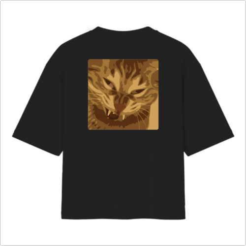 Camiseta com estampa frontal de texto minimalista "MORE COFFEE" e estampa traseira de um gato com expressão expressiva em um estilo artístico detalhado.