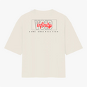 Camiseta com estampa traseira de "VOID" em contorno com "infinity" em destaque no centro, acompanhada pela inscrição "GAME ORGANIZATION" abaixo.