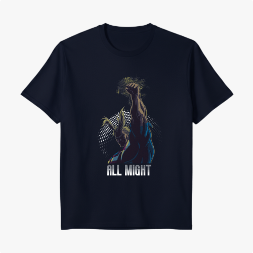Camiseta com estampa frontal de personagem erguendo o punho em estilo heróico, rodeado por pontos luminosos, acompanhada da inscrição "All Might".