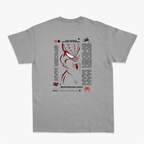 Camiseta com estampa frontal de aranha estilizada de linhas finas e estampa traseira de rosto delineado com texto e referências icônicas.