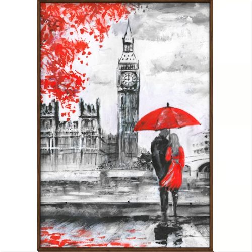 Quadro com estampa de casal com guarda-chuva vermelho em frente ao Big Ben, sobre uma paisagem urbana com folhas caindo ao fundo.