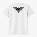 Camiseta com estampa frontal de um pequeno logo circular e estampa traseira de uma águia com asas abertas acima da palavra "LEGIO".