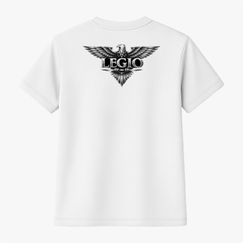 Camiseta com estampa frontal de um pequeno logo circular e estampa traseira de uma águia com asas abertas acima da palavra "LEGIO".