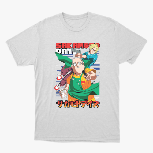 Camiseta com estampa frontal de dois personagens em estilo anime, um segurando café e outro apontando, com texto em japonês e inglês acima e abaixo.