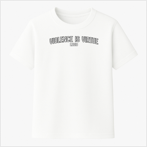 Camiseta com estampa frontal de frase estilizada "Violence is Virtue Legio" e estampa traseira de caveira perfurada por espada com inscrição ao redor.