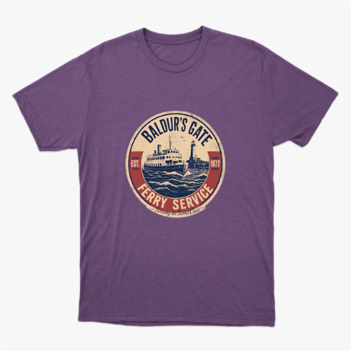 Camiseta com estampa frontal de um emblema circular apresentando um ferry estilizado, com inscrições que indicam "Baldur's Gate Ferry Service" e datas.