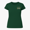 Camiseta com estampa frontal de "Filha do Agro" rodeada por folhas douradas e estampa traseira similar com o texto adicional "O campo é meu lugar".