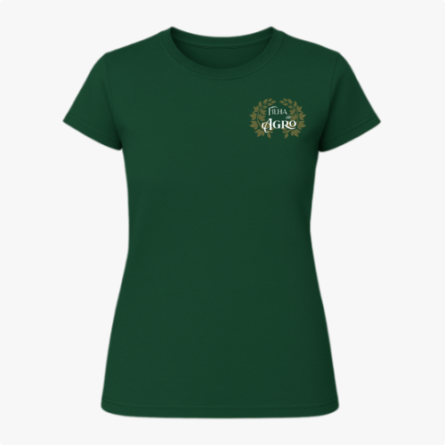 Camiseta com estampa frontal de "Filha do Agro" rodeada por folhas douradas e estampa traseira similar com o texto adicional "O campo é meu lugar".