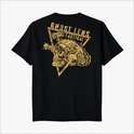 Camiseta com estampa frontal de caveira com capacete e óculos em triângulo e estampa traseira de caveira tática detalhada, texto "Ghostlens Tactical".