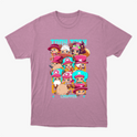 Camiseta com estampa frontal de personagens chibi usando diferentes chapéus rosa e azul, acompanhados de letras estilizadas em um tom vibrante.