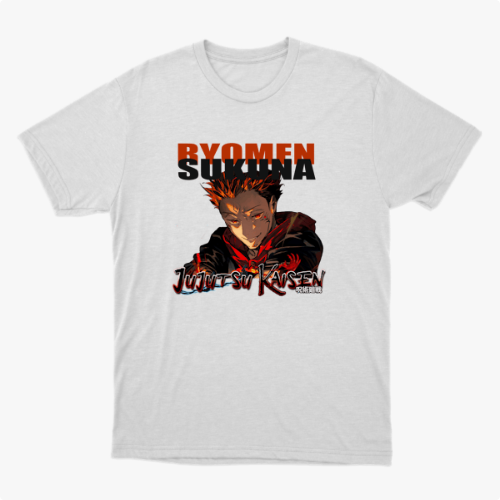 Camiseta com estampa frontal de personagem de anime com expressão intensa abaixo de texto grande e estilizado, incluindo título e caracteres japoneses.