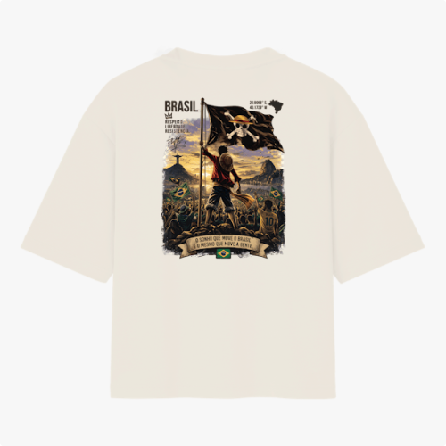 Camiseta com estampa frontal de "HOPE" em letras estilizadas e estampa traseira de ilustração vibrante: soldado com bandeira em cena de batalha épica.