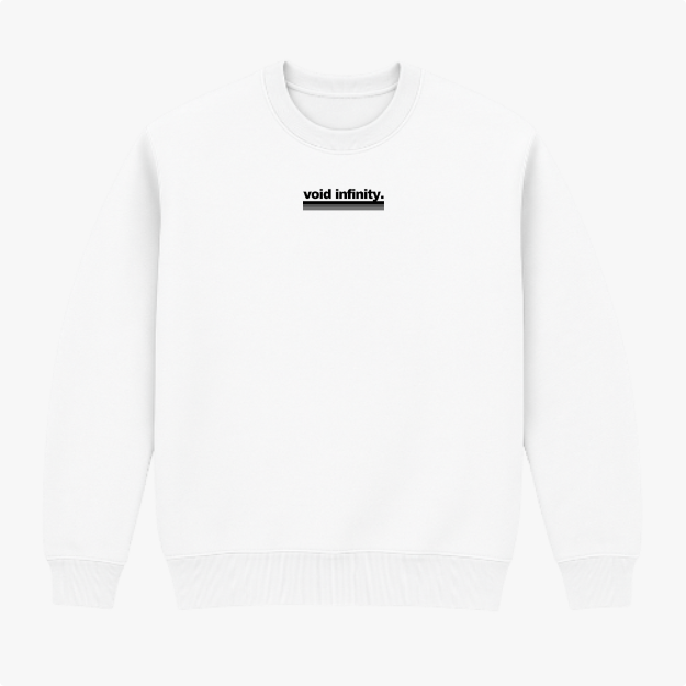Moletom com estampa frontal de texto "void infinity." em letras minúsculas seguido por uma linha horizontal destacando a parte final do texto.