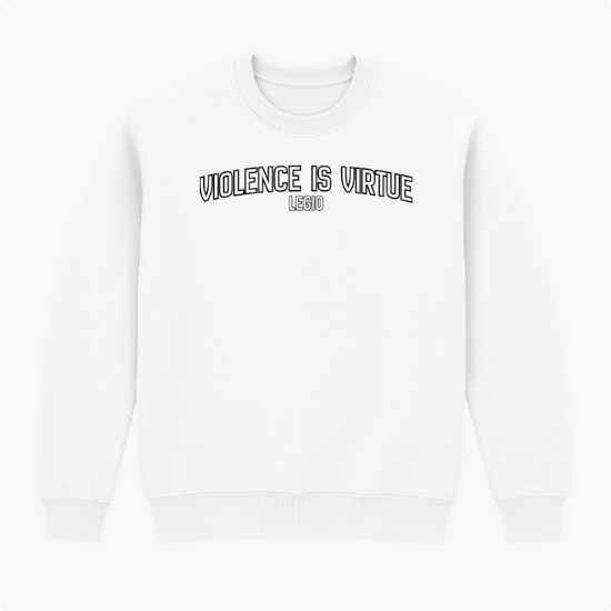 Moletom com estampa frontal de "Violence is Virtue Legio" em texto e estampa traseira de crânio perfurado por espada, texto circundante "Violence is Virtue Legio".