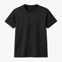 Camiseta com estampa frontal de uma flor vermelha minimalista e estilizada localizada no centro do peito, trazendo um detalhe sutil e elegante.