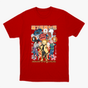 Camiseta com estampa frontal de personagens de anime em poses dinâmicas, rodeados por símbolos japoneses e detalhes florais, com texto em destaque.