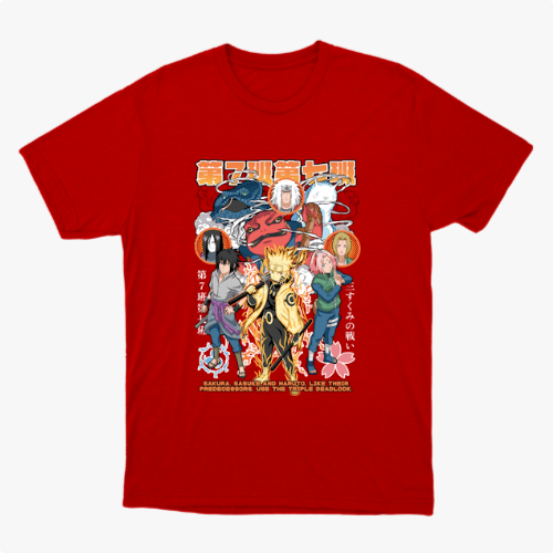 Camiseta com estampa frontal de personagens de anime em poses dinâmicas, rodeados por símbolos japoneses e detalhes florais, com texto em destaque.