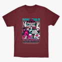 Camiseta com estampa frontal de personagem estilo mangá, com destaque para o olhar intenso acima de várias poses e figuras em ação, acompanhada por texto estilizado.