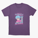 Camiseta com estampa frontal de personagem ilustrado em estilo anime com cabelo azul, vestindo camisa e texto impactante sobre amor por anime.
