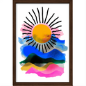 Quadro com estampa de sol centralizado com raios pretos ao redor, sobrepondo pinceladas fluidas e abstratas com várias camadas e tons vibrantes.
