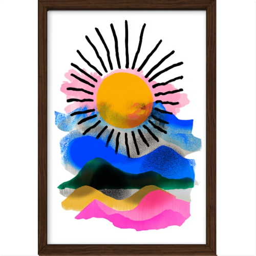Quadro com estampa de sol centralizado com raios pretos ao redor, sobrepondo pinceladas fluidas e abstratas com várias camadas e tons vibrantes.