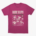 Camiseta com estampa frontal de quadrinhos ilustrados em cenas de luta, com personagens desenhados em estilo mangá, acompanhados por textos estilizados.