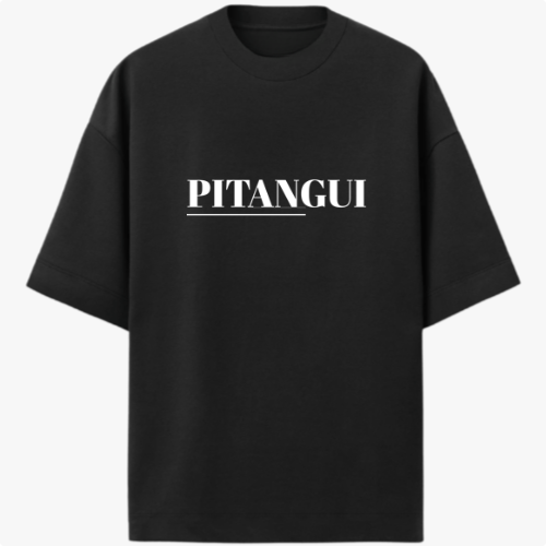 Camiseta com estampa frontal de "PITANGUI" sublinhado e estampa traseira de uma praça com árvore central, banco de madeira e placa de "PAZ E AMOR".