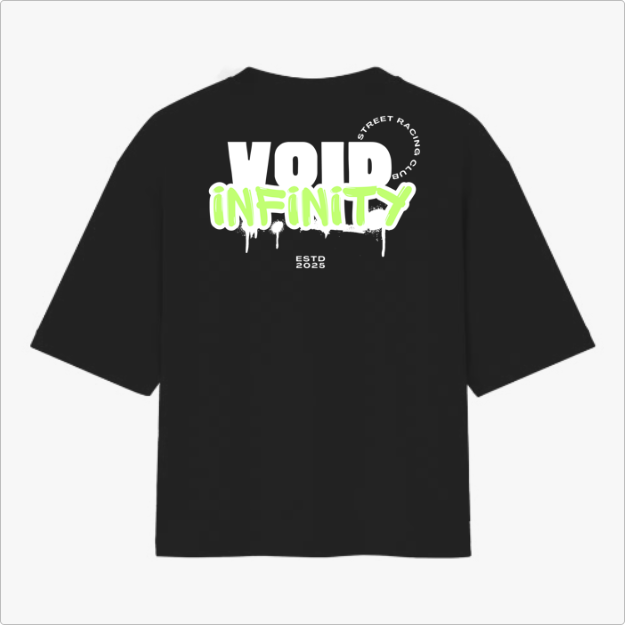 Camiseta com estampa traseira de "VOID INFINITY", estilizada com letras gotejantes, "STREET RACING CLUB" em círculo e "ESTD 2025" logo abaixo.