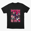 Camiseta com estampa frontal de personagens de anime em poses dinâmicas, cercados por quadrados com retratos menores e textos estilizados japoneses.