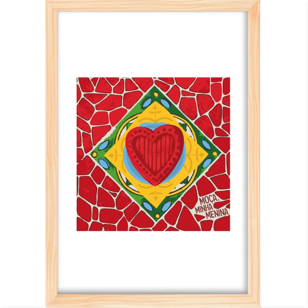 Quadro com estampa frontal de coração estilizado em fundo geométrico com azulejos e inscrição "Moça Minha Menina" no canto inferior direito.