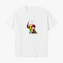 Camiseta com estampa frontal de dois personagens em estilo cartoon, acompanhados de texto "GAMBIT NEVER... ...FOLDS" em disposição vertical.